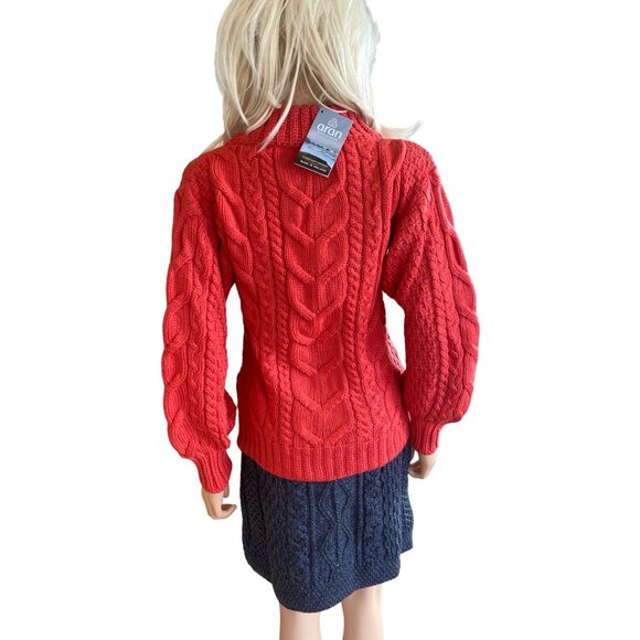NWT Aran Woollen Mills Red Cable-knit Crew Neck Merino Sweater S Balloon Sleeves - Picture 11 of 14